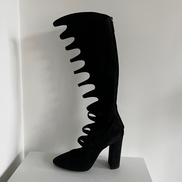Saint Laurent black suede cut out cage Joplin 105 knee high boots - Picture 2 of 16